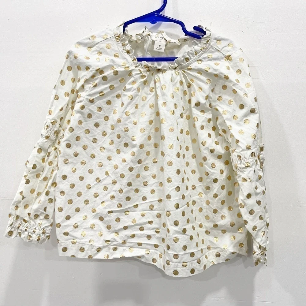 Crewcuts Dotted Polka Dot Gold White Ruffle Neck Long Sleeve Blouse Girls 8